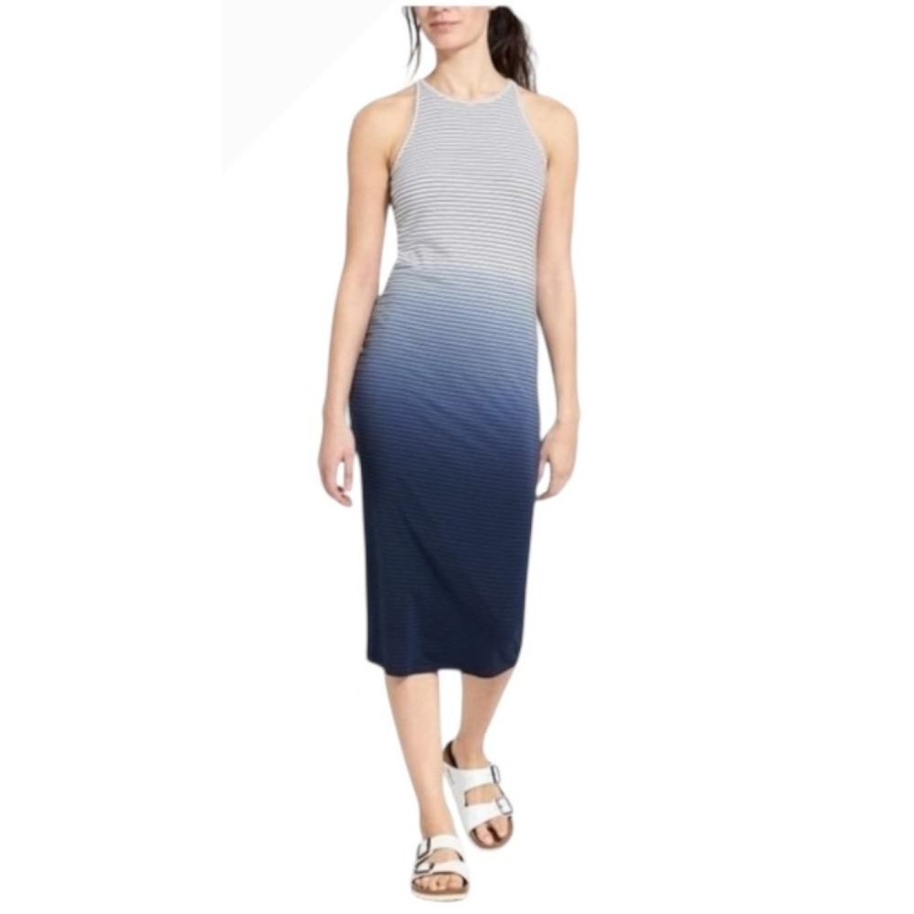 Athleta Dress Women Large Blue White Ombre Striped‎ Sunkissed Midi Athleisure
